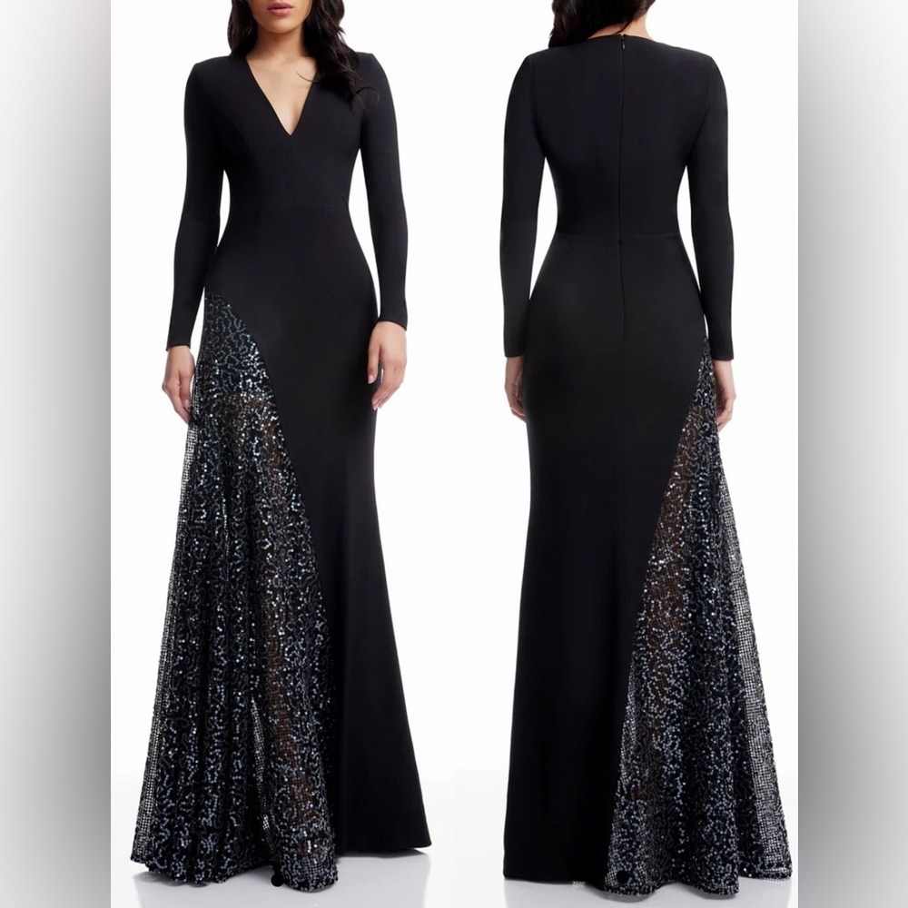 New Dress The Population Winnie Sequin V-Neck Long Sleeve Godet Sheath Gown Xs